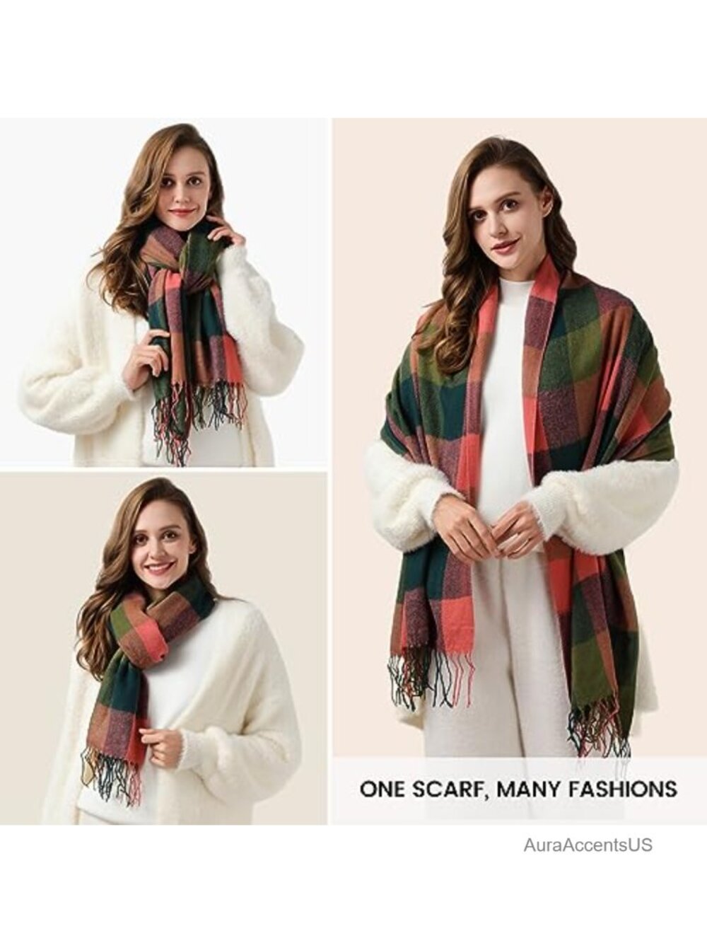 Winter Scarf for Women Plaid Tassel Shawl Wrap Acrylic - Picture 5 of 6